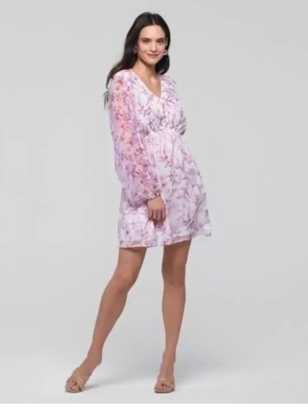 A New Day Women's Long Ballon Sleeves Casual Mini Dress, Cream/Purple Floral, M